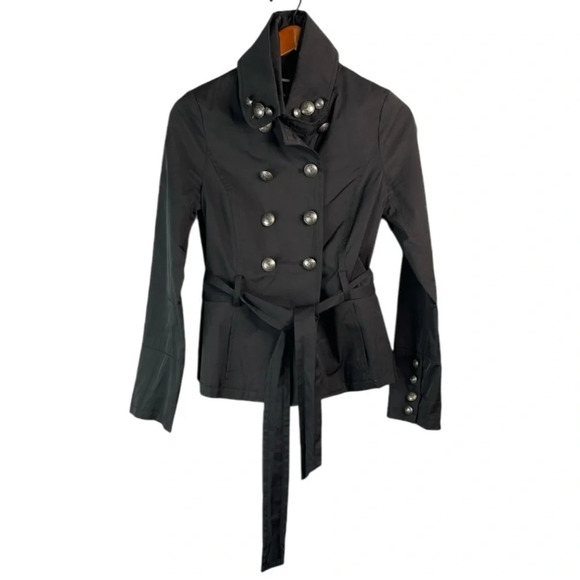BLACK RIVET Double Breasted Short Trench Coat Jacket Black Sash Tie Belt Size M - Picture 2 of 14